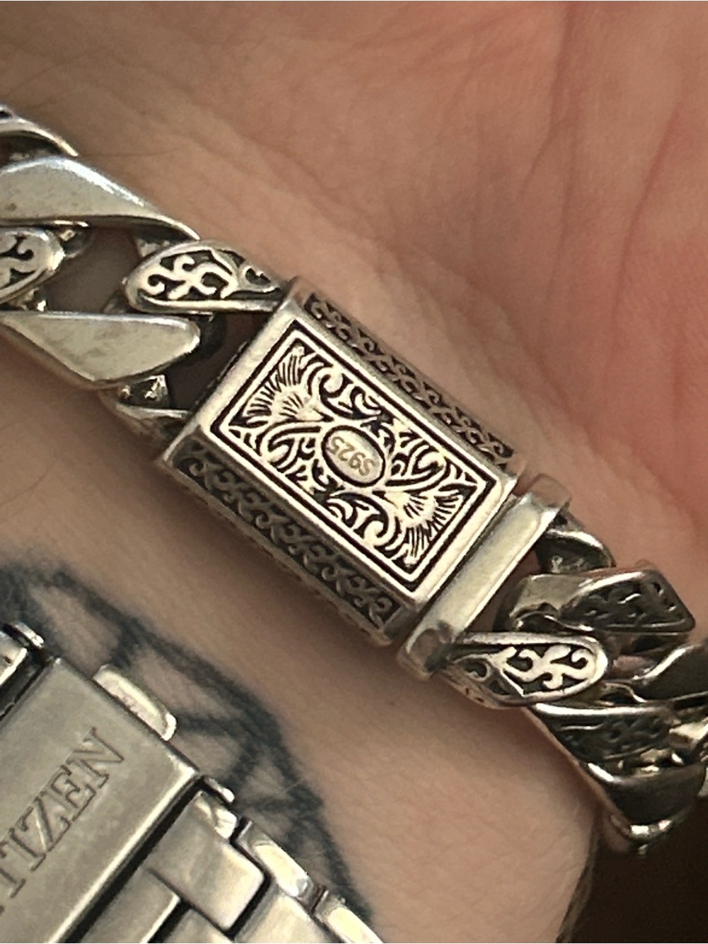 Sterling Silver Engraved Men’s Bracelet - Silver